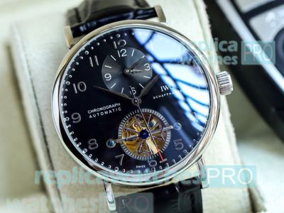 Copy IWC Schaffhausen Black Dial Black Leather Strap Watch